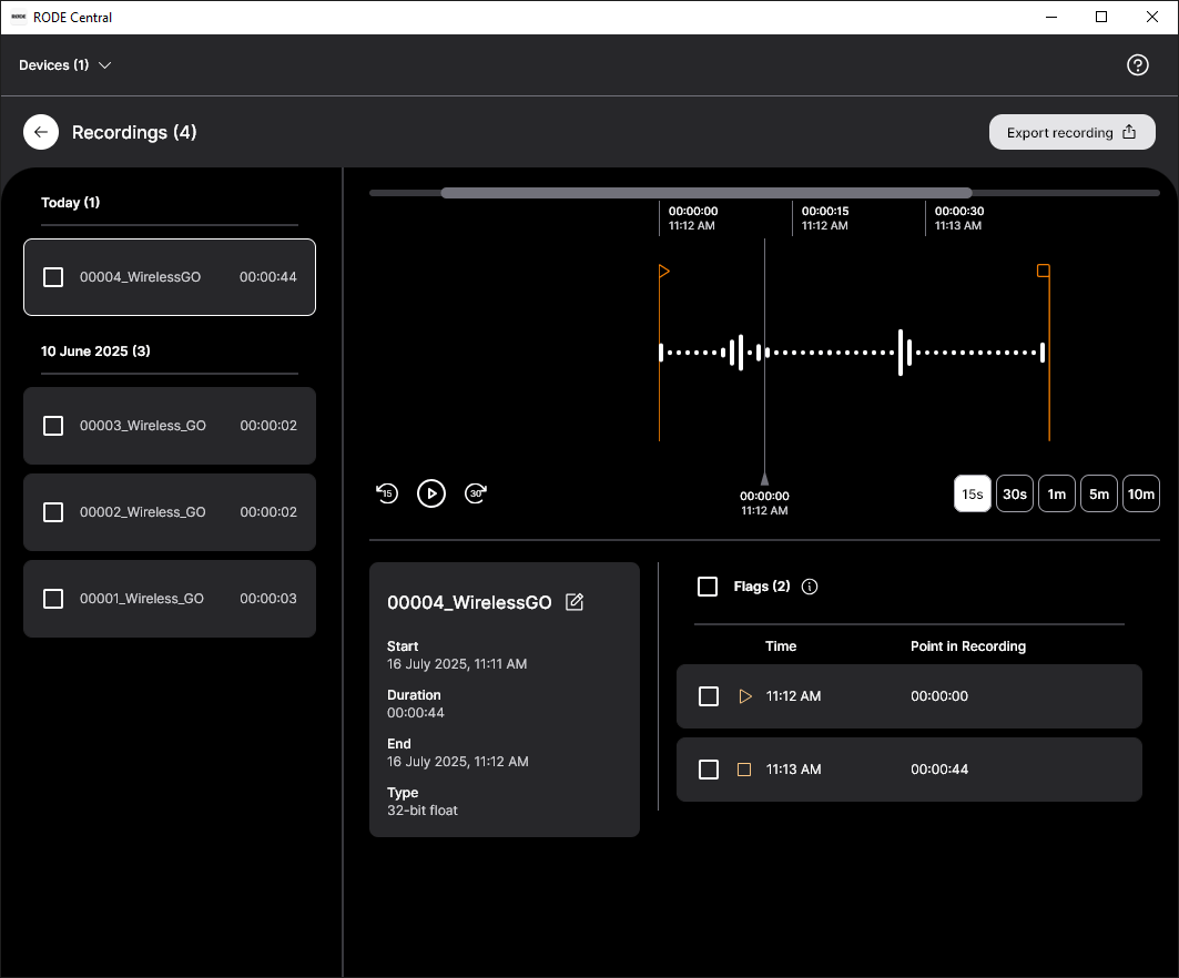 Export settings in RØDE Central for Wireless GO (Gen 3)